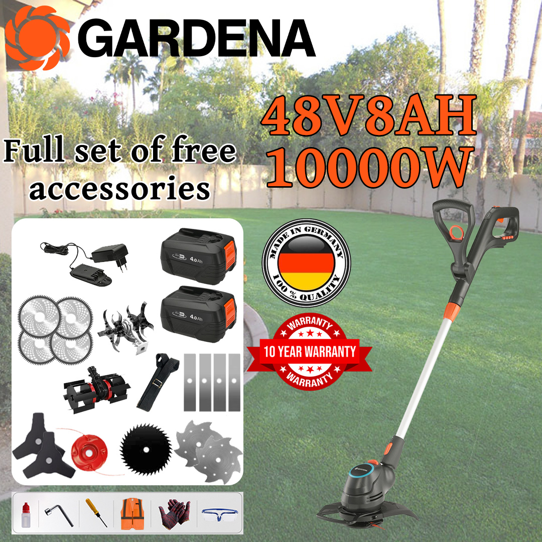 [Modelo Deluxe] Cortacésped (10000w48V8AH) + Cabezal de labranza * 1 + Rueda de ajuste * 1 + Hoja de aleación * 4 + Hoja de sierra de aleación * 4 + Cabezal de corte de aleación * 1 + Hoja triple * 2 + Hoja antibloqueo * 1+acero cuchillo*2+cargador+batería*2+mango*1+otros accesorios+10 años de garantía