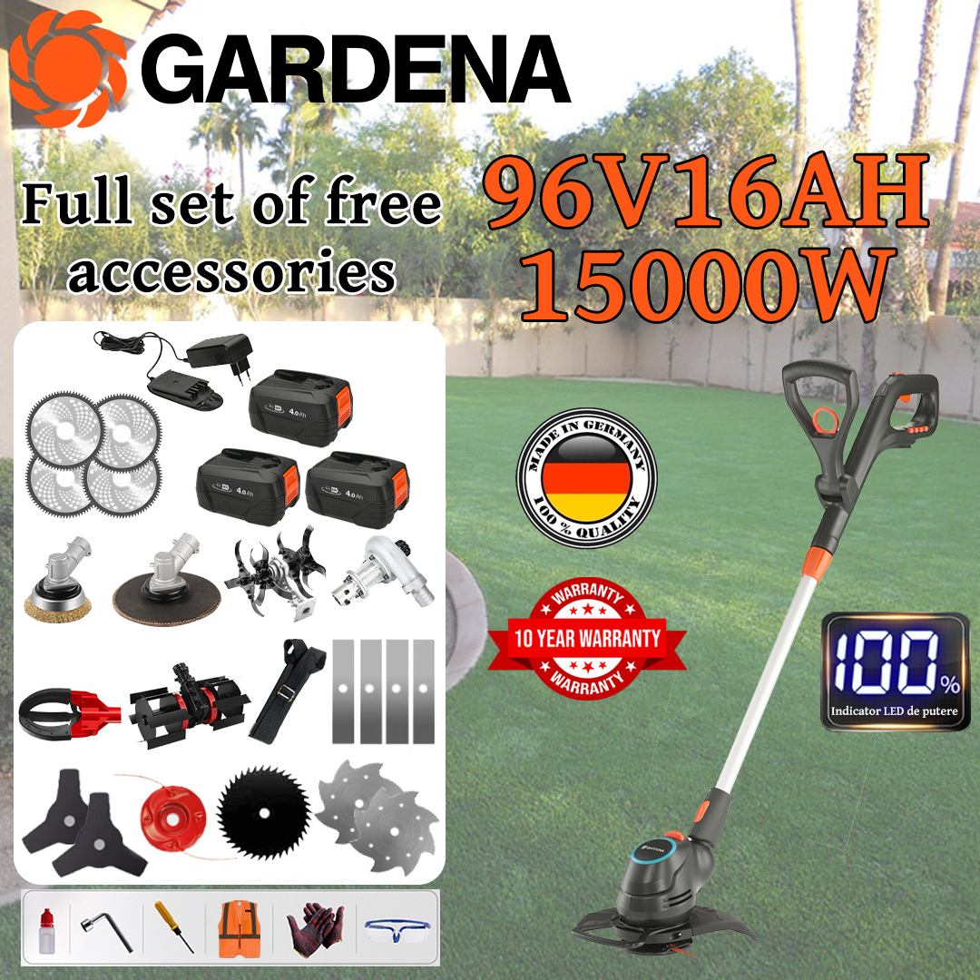 [Modelo de lujo/recomendado mejorado] Cortacésped (15000w96V16AH) + Pantalla eléctrica + Cabezal de labranza*1 + Rueda para zanjas*1 + Hoja de aleación*4 + Hoja de sierra de aleación*4 + Cabezal de corte de aleación* 1 + Cuchillo de triple hoja* 2 + hoja antibloqueo * 1 + cuchillo de acero * 2 + quitanieves * 1 + cargador + batería * 3 + mango * 1 + recolector de frutas * 1 + cabezal de molienda * 1 + cabezal de lijado * 1 + otros accesorios + 10 años de garantía