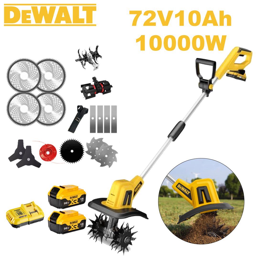 [Deluxe Model] Lawn Mower (10000w72V10AH) + Cultivator Head * 1 + Adjustment Wheel * 1 + Alloy Saw Blade * 4 + Alloy Saw Blade * 4 + Alloy Cutter Head * 1 + Triple Blade * 2 + Anti-Block Blade * 1 + Steel Knife * 2 + Charger +battery*2+handle*1+other accessories+10 year warranty