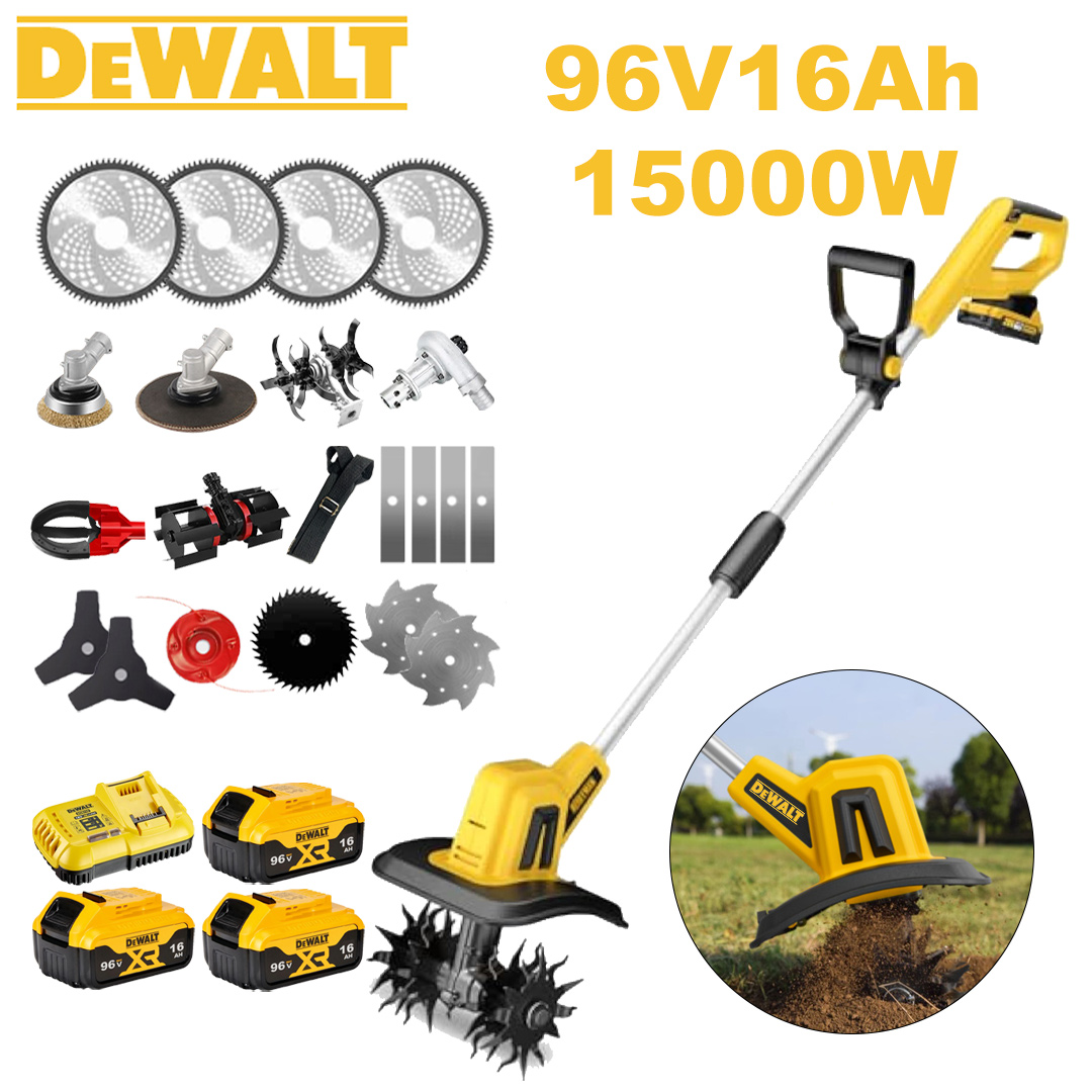 [Upgraded Deluxe Model/Highly Recommended] Lawn Mower (12000w96V12AH) + Electric Display + Cultivator Head *1 + Trench Wheel *1 + Alloy Blade *4 + Alloy Saw Blade *4 + Alloy Cutting Head *1 + Three Blades*2+ Anti-Interference Blade*1+ steel knife*2+snow plow*1+charger+battery*2+belt*1+fruit picker*1+other accessories+10 year warranty