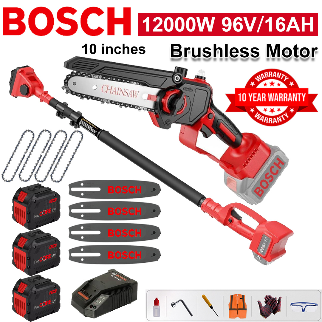 10 Inch Brushless Lithium Electric Saw, Power 12000W, 96V 16Ah Battery*3, Charger, Guide Plate*4, Chain*4, Tool Box, Lubricant and Goggles, Ten Years Warranty (Equipped with Telescopic Pole )